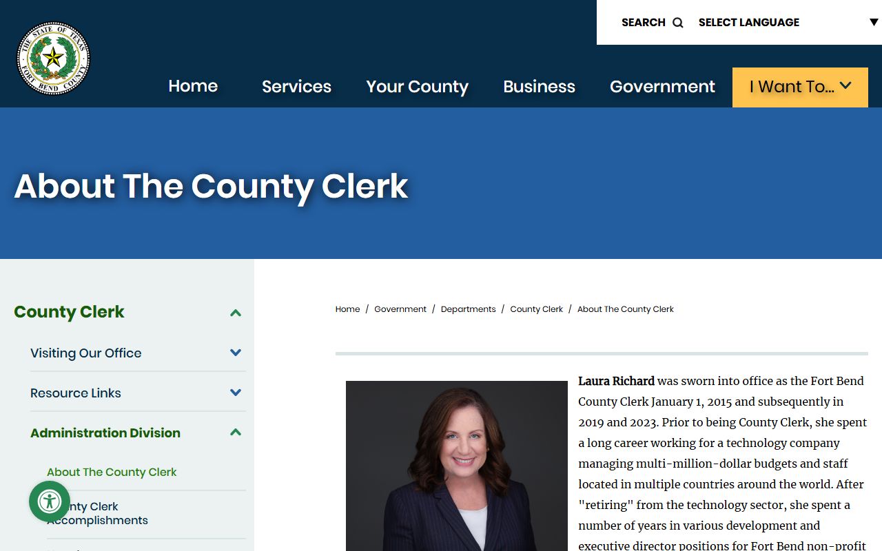 Fort Bend County Clerk background and duties page