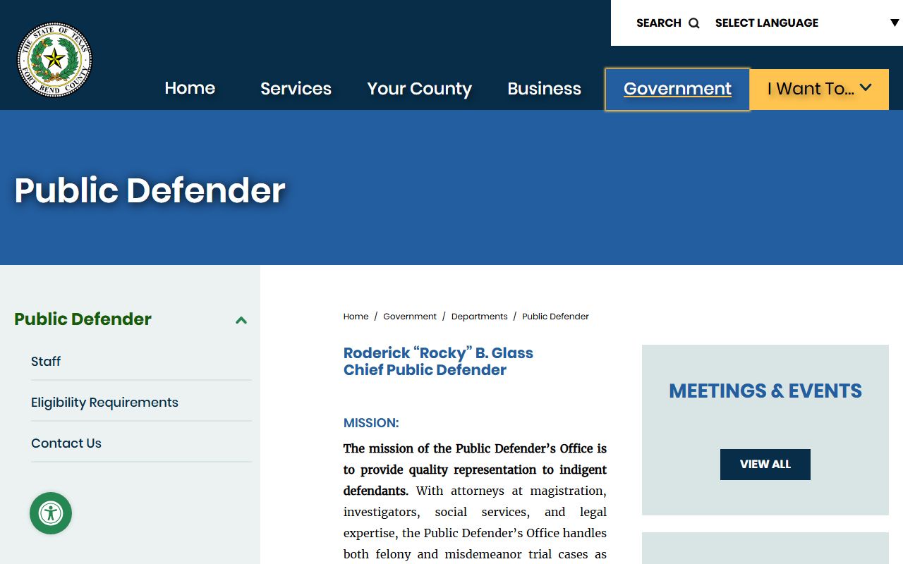 Fort Bend County Public Defender homepage for criminal defense