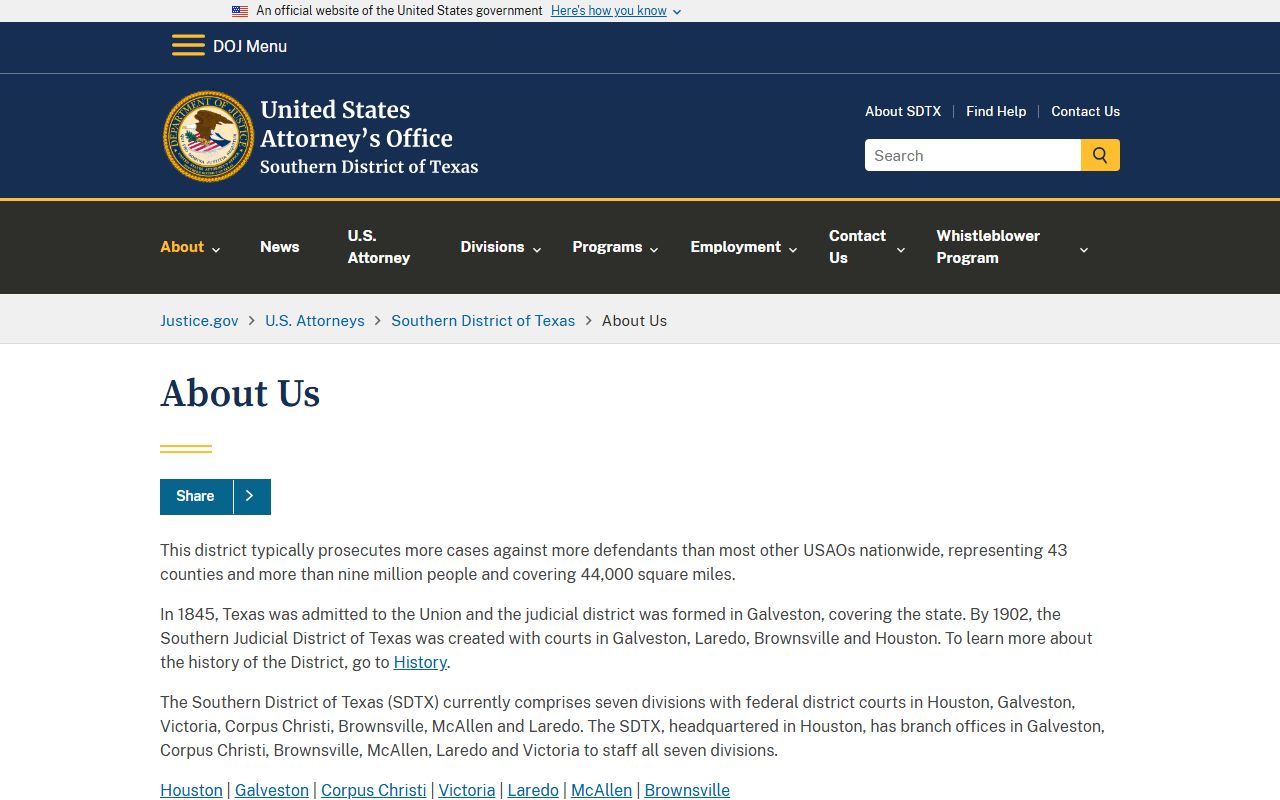 U.S. Attorney Southern District of Texas covering Fort Bend County federal cases