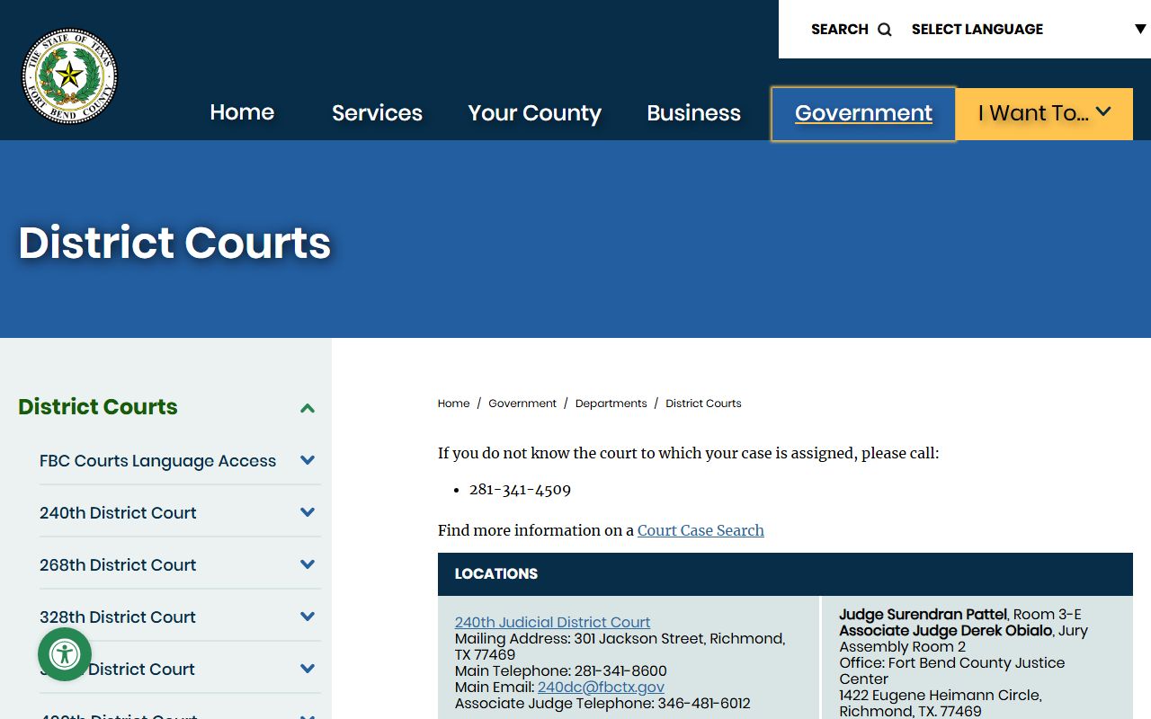 Fort Bend County District Courts list with judges and contacts