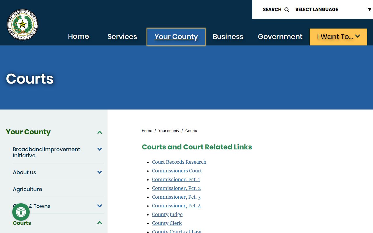 Fort Bend County courts landing page showing the county court system