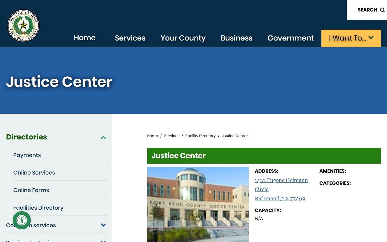 Fort Bend County Justice Center facility page listing courts and clerk offices