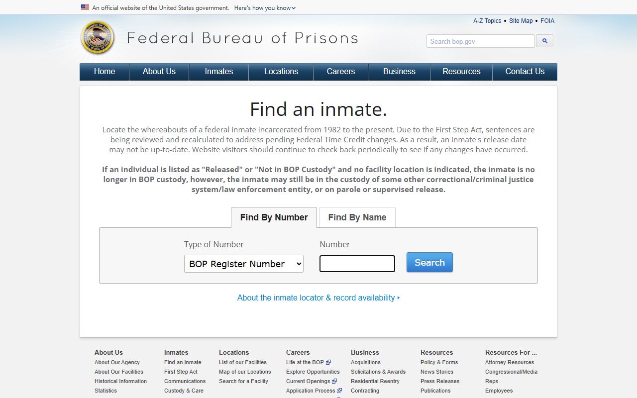 Federal Bureau of Prisons inmate locator for federal custody counts