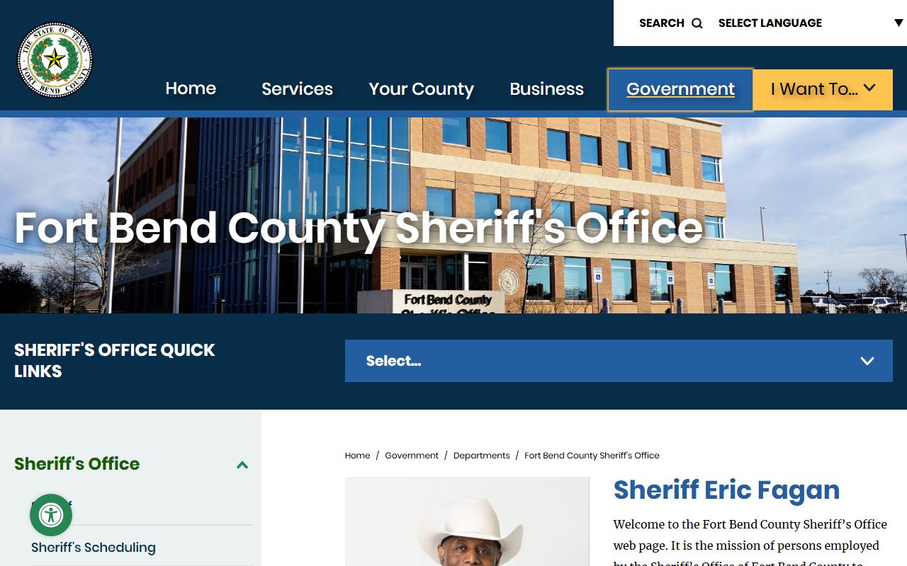 Fort Bend County Sheriff's Office homepage with jail inquiry links