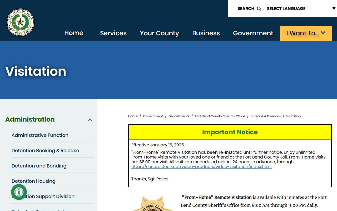 Fort Bend County Jail video visitation hours and rules