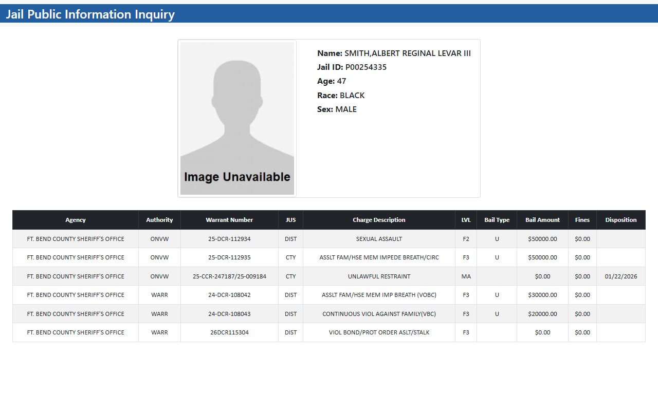 Sample Fort Bend County jail inquiry inmate detail page