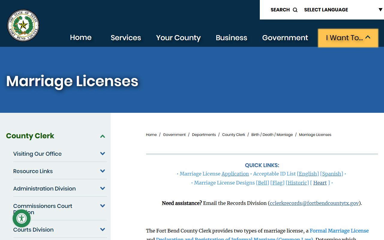 Fort Bend County Clerk marriage licenses page