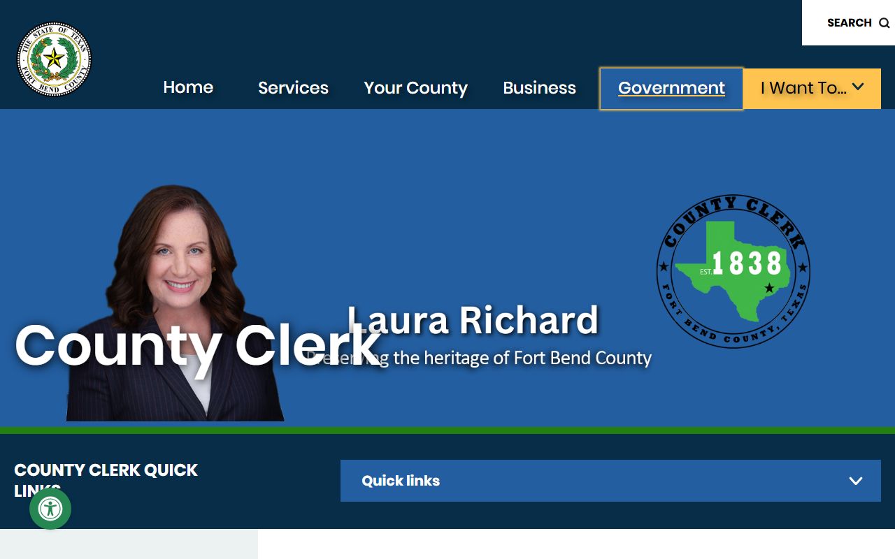 Fort Bend County Clerk homepage with marriage and records links