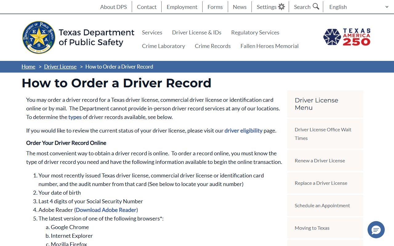 Texas DPS driver record ordering, separate from Fort Bend County court records
