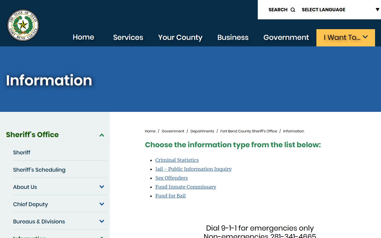 Fort Bend County Sheriff information page linking jail inquiry and warrant resources