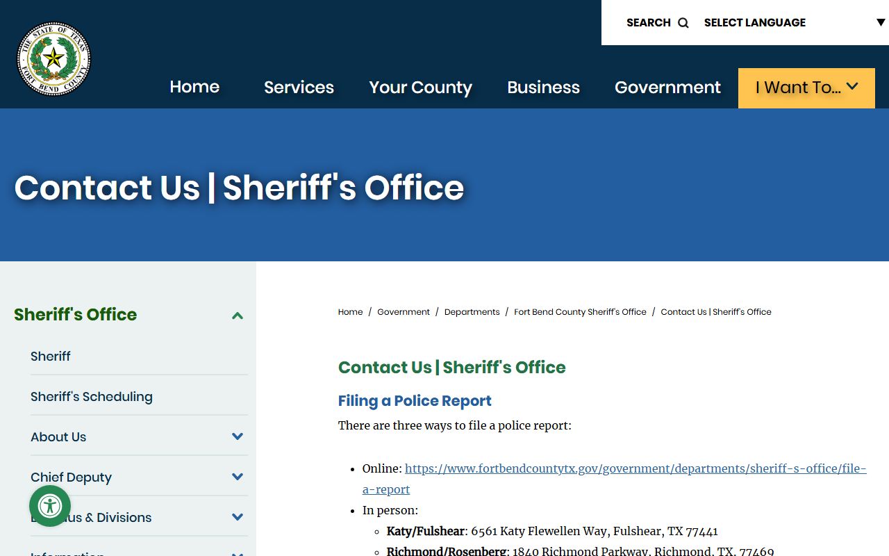 Fort Bend County Sheriff contact page for tips and reports